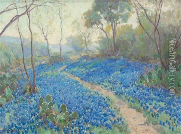 A Hillside Of Blue Bonnets- Early Morning, Near San Antonio Texas Oil Painting - Julian Onderdonk