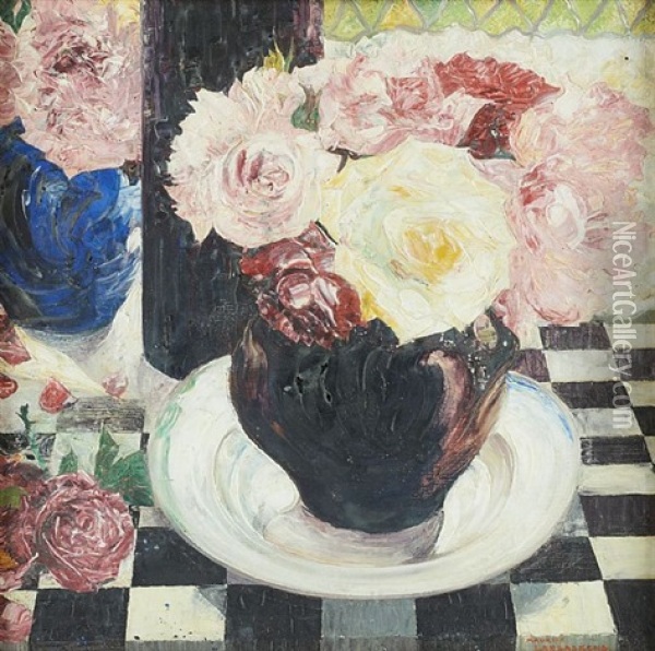 Table Garnie De Roses Oil Painting - Maurice Langaskens