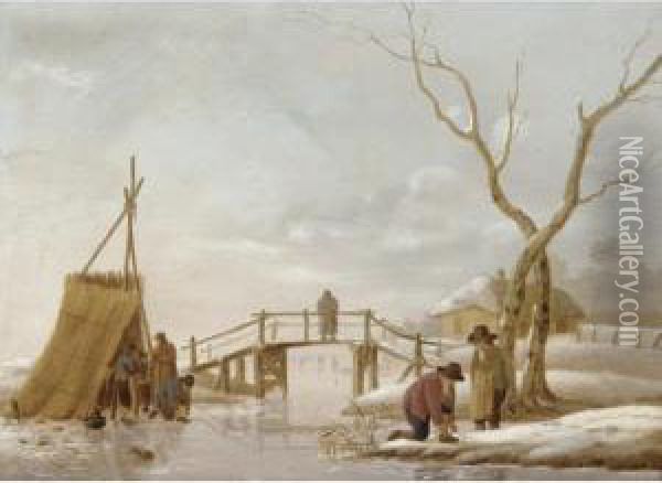 A Winter Landscape With Figures Putting Their Skates On Oil Painting - Hendrick Willelm Schweickhardt