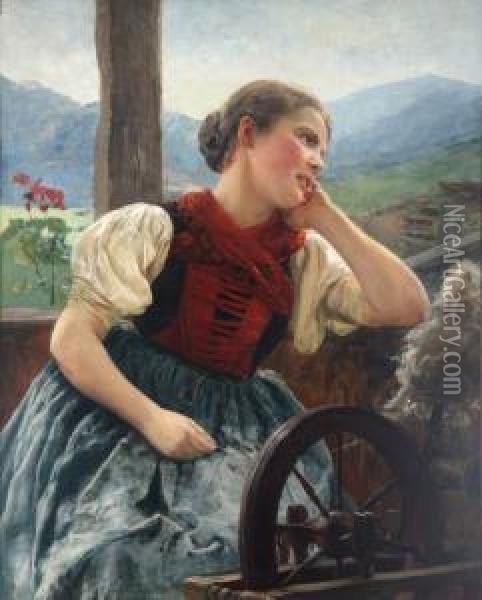 Spinnerin Vor Bergkulisse Oil Painting - A. Raudnitz