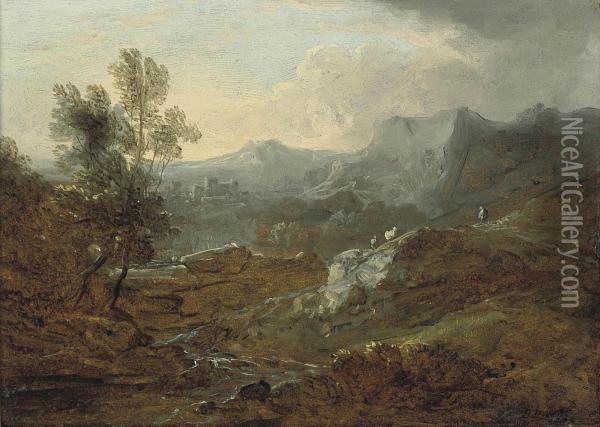 A Mountainous River Landscape Oil Painting - Benjamin Barker Of Bath
