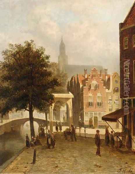 Villagers in the Streets of a Dutch Town Oil Painting - Johannes Frederik Hulk, Snr.