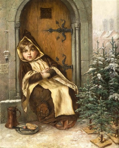 Kleines Madchen Beim Verkauf Von Weihnachtsbaumen Am Eingang Des Munchener Rathauses Oil Painting - Edmond Louyot
