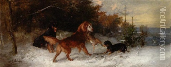 Zwei Dackel Und Ein Huhnerhund Mit Erlegtem Hasen Im Maul Oil Painting - Julius Scheuerer