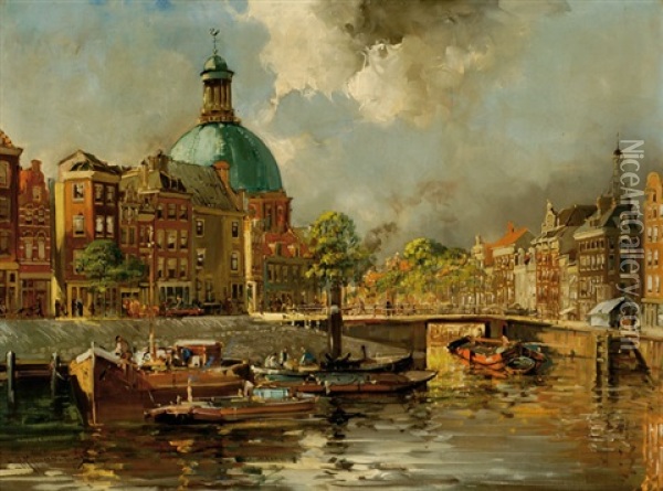 View Of The Singelgracht With The Lutheran Church On The Background In Amsterdam Oil Painting - Jan Hermanus Melchior Tilmes