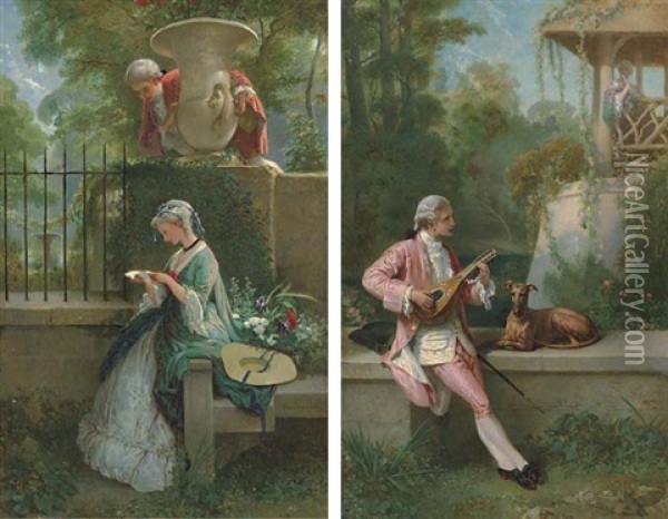 The Courtship (+ Another, Similar; Pair) Oil Painting - Felix Henri Giacomotti