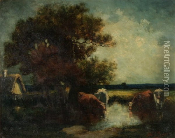 Kuhe Am Teich Oil Painting - Pierre (Desire Eugene) Franc Lamy
