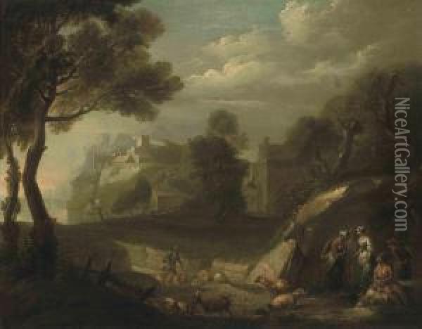 A Wooded River Landscape With Shepherds And Their Flock Oil Painting - James Ross