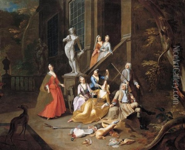 A Portrait Group Of An Elegant Hunting Party, Resting Before A House Oil Painting - Arnold (van Haecken) Aken