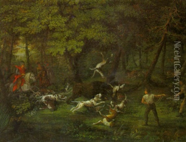 Bisonjagd Im Eichenwald Oil Painting - Johann Friedrich Seupel