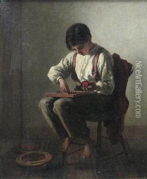 A Boy Playing A Game On A Peg Board,1865 Oil Painting - Edwin White