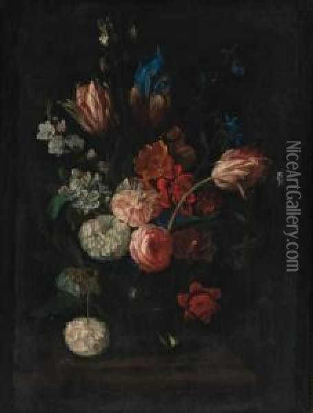 Carnations, Tulips, Peonies, Irises And Other Flowers In A Glassbowl On A Ledge Oil Painting - Pieter Hardime