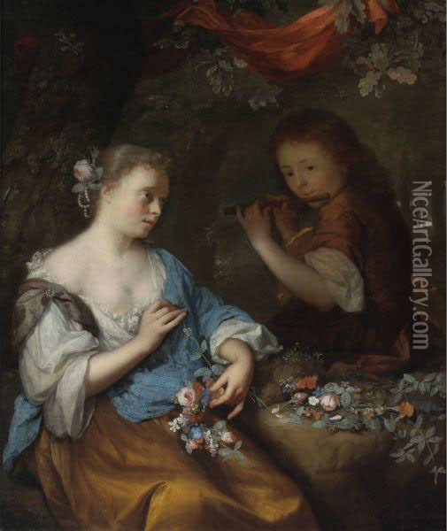 A Young Boy Playing A Flute To A Young Woman Making A Garland Offlowers In A Wooded Landscape Oil Painting - Arnold Boonen