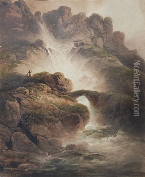 Figures By Mountain Falls Oil Painting - Nicholson, F.