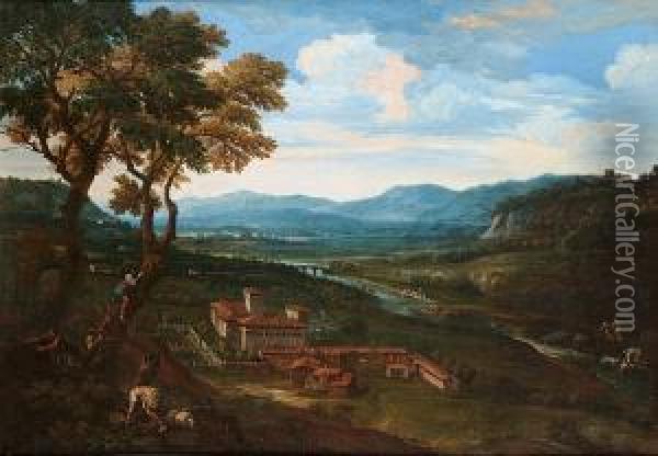An Extensive Landscape With A Villa, Figures In Trees In The Foreground Oil Painting - Crescenzio Onofri
