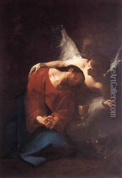 Christ Comforted by an Angel c. 1730 Oil Painting - Paul Troger