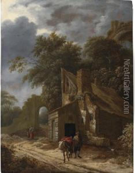 A Muleteer On A Track With Cottages And A Ruin Beyond Oil Painting - Gillis Rombouts