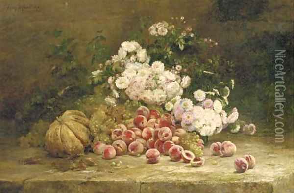 Summer flowers and fruit on a stone ledge Oil Painting - Albert-Tibulle Furcy De Lavault