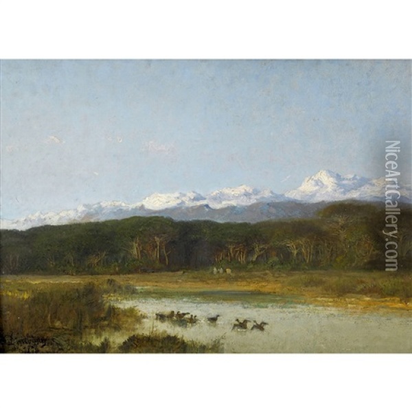 Entenschar Vor Alpenkulisse Oil Painting - Charles Francois Daubigny