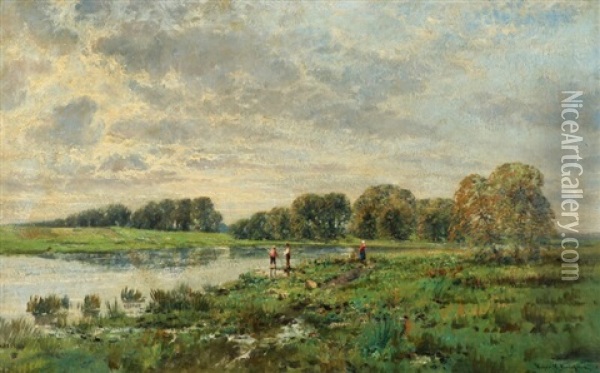 Summer Landscape With Angler At A Lake Oil Painting - Holger Hvitfeldt Jerichau