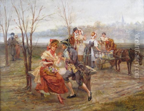 Courting Couples At The Riverside Oil Painting - Alonso Perez