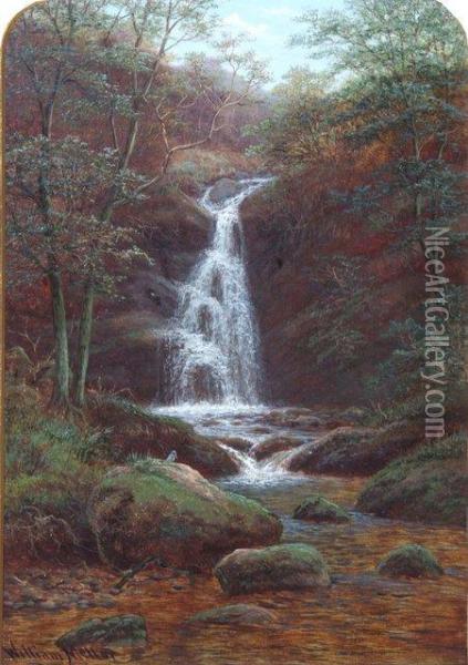 Small Waterfall In English Woodland Oil Painting - William Mellor