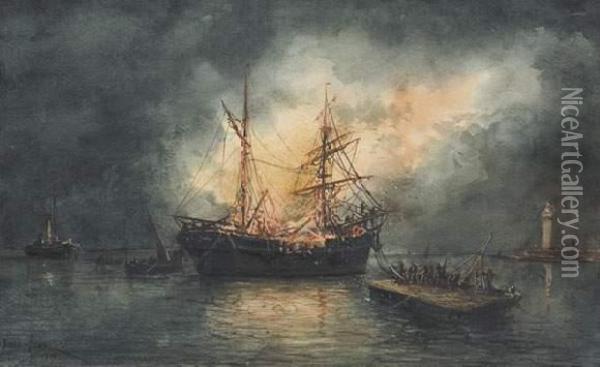 Navire En Feu A L'entree Du Port De Marseille Oil Painting - Emile Henry