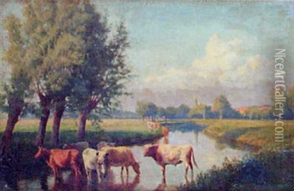 Cattle Watering Oil Painting - William Sidney Cooper
