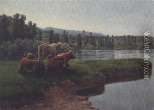 Landschaft Mit Kuhen An Der Saone Oil Painting - Gustave Karcher