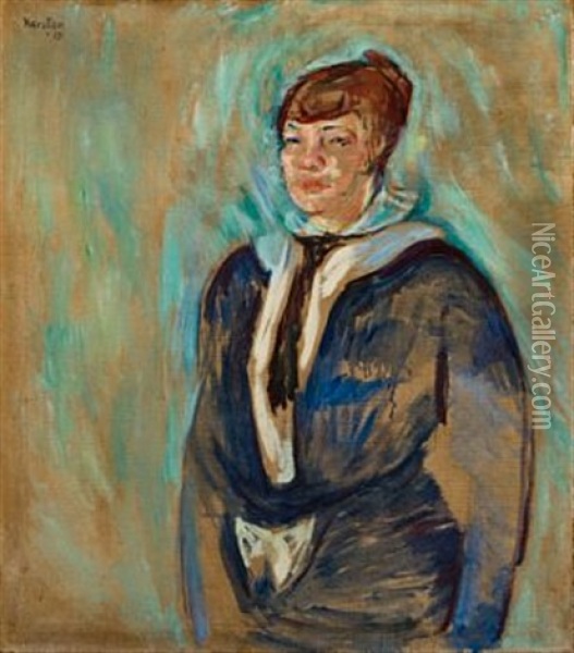 Operasangerinne Borghild Langaard I Bla Kjole Oil Painting - Ludvig Peter Karsten