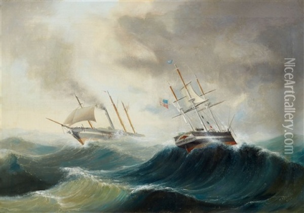 Zwei Schiffe Auf Sturmischer See Oil Painting - Carl Justus Harmen Fedeler