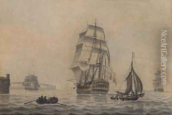 An English man-o'war leaving port Oil Painting - Samuel Atkins