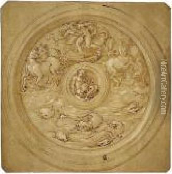 Design For A Round Platter, With The Chariot Of Neptune And Dolphins Oil Painting - Rancesco De' Rossi (see Salviati, Cecchino Del)