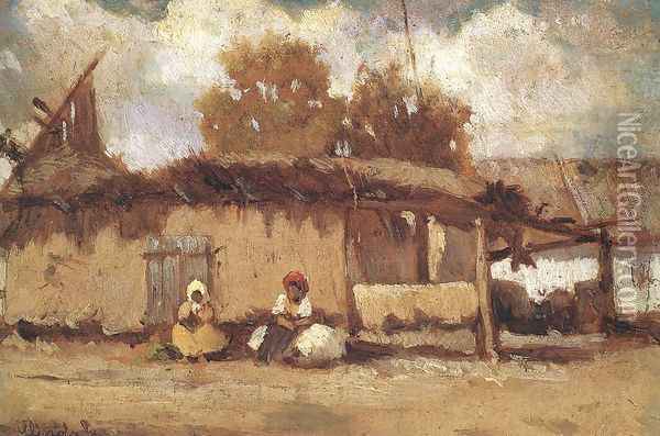 In Front of a Peasant House c. 1885 Oil Painting - Geza Meszoly