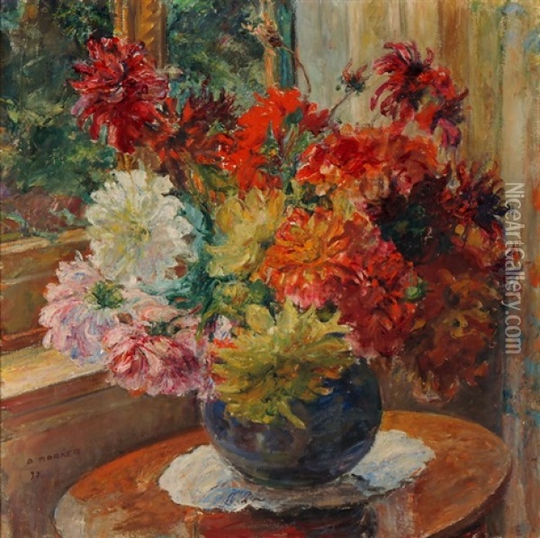 Grosses Sommerblumenbouquet In Blauer Vase Oil Painting - Alfred Marxer