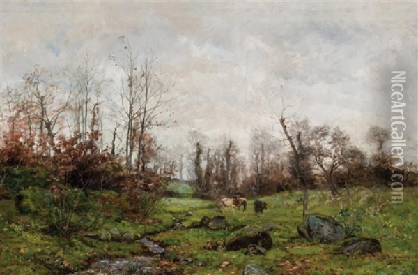 Cows Grazing By The Stream Oil Painting - Frank C. Penfold