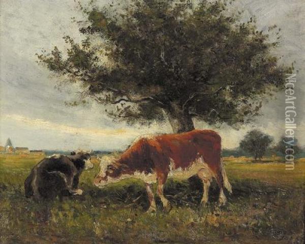 Zwei Kuhe Unter Einem Obstbaum. Oil Painting - Louis-Aime Japy