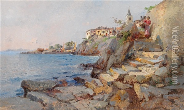 Coastal Scene At Lovrana, Istria Oil Painting - Leontine (Lea) von Littrow