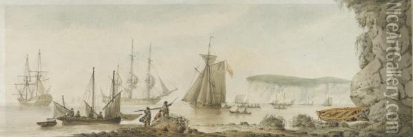Two Views Of Shipping Off The Isle Of Wight Oil Painting - Samuel Atkins