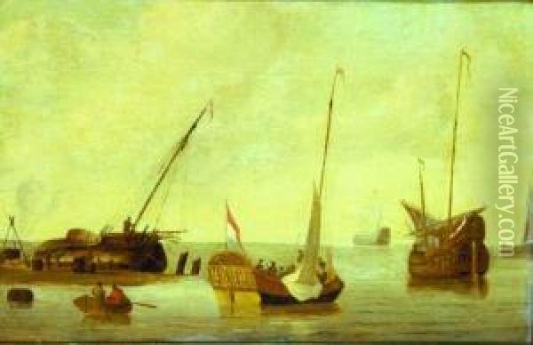 Shipping In A Calm Sea With A Fishing Boat Being Retarred Oil Painting - Jacob Esselens