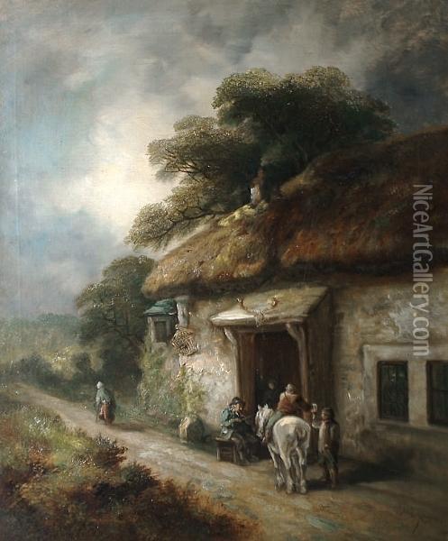 Figures Taking Refreshments 
Before An Inn; A Workman And A Horse Drawn Wagon Beside A Country Road Oil Painting - John Joseph Barker Of Bath