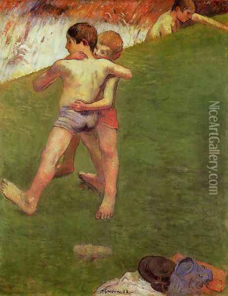 Breton Boys Wrestling Oil Painting - Paul Gauguin