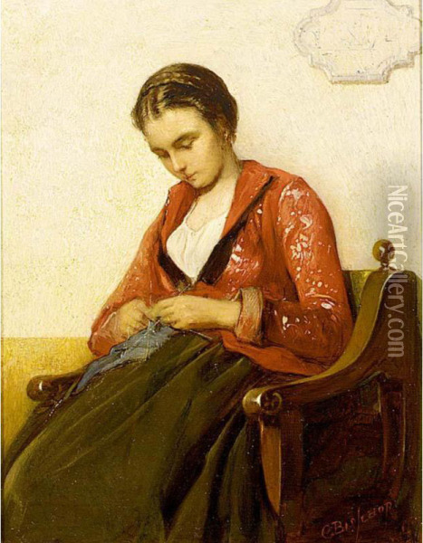 Girl Knitting Oil Painting - Christoffel Bisschop