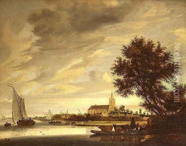 A river landscape with a ferry in the foreground, 1645 Oil Painting - (circle of) Ruysdael, Jacob Salomonsz.