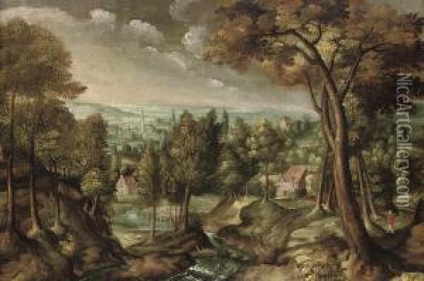 An Extensive Wooded River Landscape With A Traveller On A Track, Atown Beyond Oil Painting - Lucas van Valckenborch