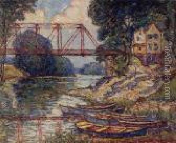 The Red Bridge, New Paltz, New York Oil Painting - Reynolds Beal
