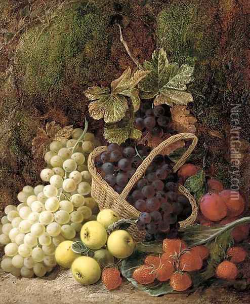 Strawberries, apples, plums, and grapes in a wicker basket, on a mossy bank Oil Painting - George Clare