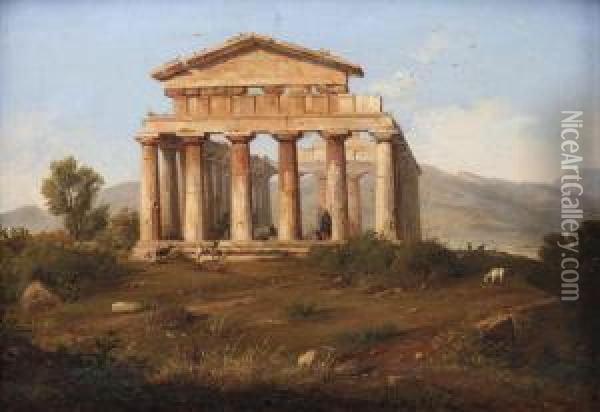 The Temple Of Athena At Paestum Oil Painting - Anthonie Sminck Pitloo
