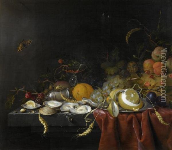 Still Life With Fruits And Oysters On A Table. Oil Painting - Jan Jansz de Heem