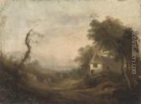 A Wooded River Landscape With Figures On A Track By A Cottage Oil Painting - John Rathbone